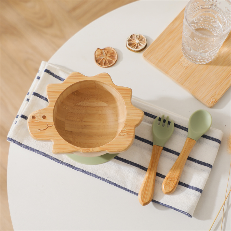 Silicone Suction Bowl - Drewniany zestaw zastawy stołowej dla niemowląt